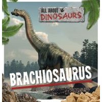Brachiosaurus toy with long neck, greenish-gray skin, in forest setting with "All About Dinosaurs" text.