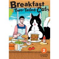 "Comic book 'Breakfast With My Two-Tailed Cat Vol. 2' with a man and large cat at a table, colorful food spread."