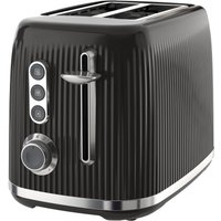 Black Breville 2-slice toaster with ribbed texture, chrome accents, and three control buttons on the side.