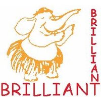 "Brilliant" by Art Stamps, orange cartoon elephant in hula skirt, red text "BRILLIANT" vertically and horizontally.
