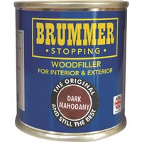 Brummer Wood Filler can, blue with yellow text, labeled "Dark Mahogany" for interior and exterior use.