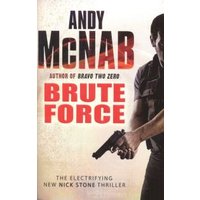 "Brute Force book by Andy McNab, cover with man holding a gun, red and black text on a beige background"