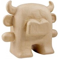 Brown paper mache bull with rounded horns and abstract geometric body design.