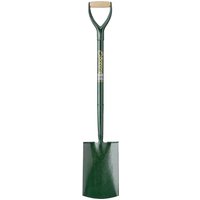 Green Bulldog all-metal digging spade with a D-shaped wooden handle and a flat, rectangular blade.