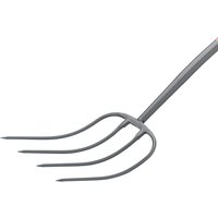 Bulldog all-metal manure fork with four curved tines and a long, sturdy handle in a sleek silver finish.