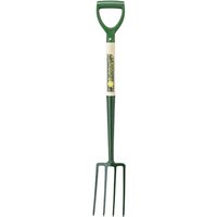 Green Bulldog solid forged border fork with a D-grip handle and four sharp tines.