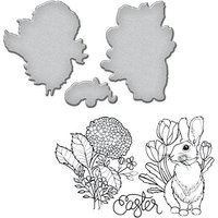 "Bunny" craft stamp set with floral designs and matching metal dies for cutting shapes.