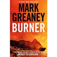 "Burner" book by Mark Greaney, orange cover with a fiery sky and silhouette of a mountain landscape.
