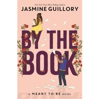 "Pink cover of 'By the Book' novel with illustrations of a woman and man surrounded by flowers and flying pages"