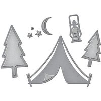 Gray metal die set featuring a tent, two pine trees, a lantern, crescent moon, and stars for crafting.