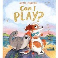"Children's book 'Can I Play?' featuring a dog and seal on a beach with a lighthouse in the background"