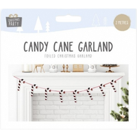Candy Cane Garland by PoundFun, red and white striped candy canes on a string, 2 meters long, displayed on a mantel.