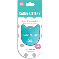Candy Kittens 3D air freshener, cat head shape, turquoise with white text, "Sour Watermelon" scent, polka dot packaging.