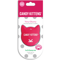 Pink Candy Kittens 3D air freshener shaped like a cat head, labeled "Very Cherry," on a white polka dot backing.
