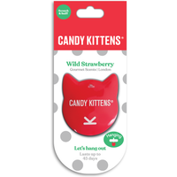 Red Candy Kittens 3D air freshener shaped like cat ears, labeled "Wild Strawberry" on polka dot packaging.
