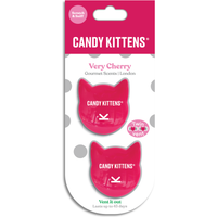 Pink Candy Kittens Twin Vent Air Freshener in cat head shape, labeled "Very Cherry," with polka dot packaging.