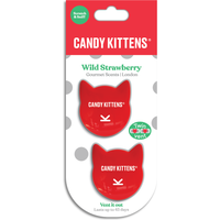 Candy Kittens Twin Vent Air Freshener, red cat head shape, wild strawberry scent, two-pack, polka dot packaging.