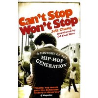 "Can't Stop Won't Stop book cover with bold red title, black and white photo of a street scene, hip-hop history theme"