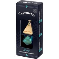 Carfume Luxury Bossy car air freshener with wooden cap and blue glass bottle in black packaging.