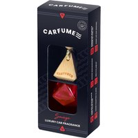 Carfume Luxury Savage car air freshener, red geometric bottle with wooden cap, in black packaging with clear window.
