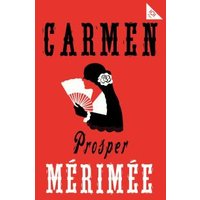 Red book cover for "Carmen" by Prosper Mérimée, featuring a silhouette of a woman with a fan and a flower in her hair.