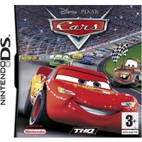 Nintendo DS game "Cars" by Lovetechhatewaste, featuring animated race cars on a track with a checkered flag.