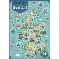 "Colorful map-style jigsaw puzzle featuring various castles of Scotland on a blue background with decorative borders"