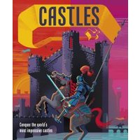 Board game "Castles" with knights on horseback, vibrant sunset colors, and a large castle in the background.