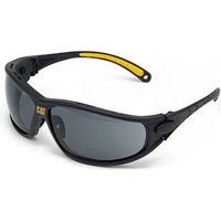 Black Caterpillar CAT Tread safety glasses with yellow accents and dark lenses.