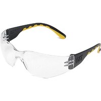 Clear Caterpillar safety glasses with black and yellow arms, wraparound design, and CAT logo on the side.
