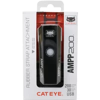 Black Cateye Ampp 200 front bike light with USB charging, rubber strap attachment, and central power button.