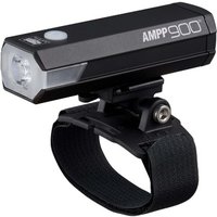 Black Cateye AMPP 900 helmet front light with USB port, rectangular design, and adjustable strap mount.
