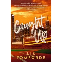 "Caught Up" book with city skyline, sunset background, and baseball field, by Liz Tomforde.