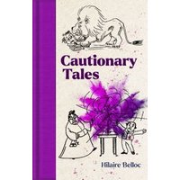 Purple hardcover book "Cautionary Tales" with lion and people illustrations, purple ink splash on cover.