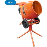 Orange Belle Minimix 150 cement mixer with stand, 110V, black wheels, and a tilted drum.