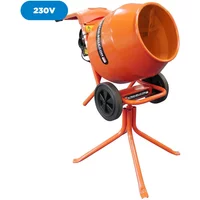 Orange Belle Minimix 150 cement mixer with stand, features a drum, two black wheels, and a 230V label.