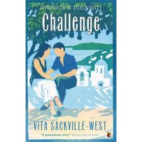 "Book cover of 'Challenge' by Vita Sackville-West, featuring a couple sitting by the sea with white buildings in the background."