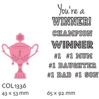 Pink Marianne Design "Champion" trophy die cut with coordinating winner-themed sentiment stamps.