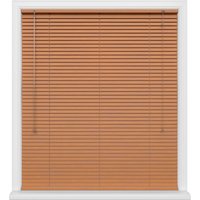 Wooden Venetian blinds in cherry color with white frame and pull cords on the left side.