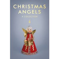 Christmas angel figurine in red dress with gold wings and book, set against a blue background with title text above.