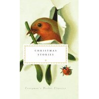 "Christmas Stories book with robin and mistletoe illustration, white cover, and green-bordered title label"