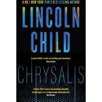 "Chrysalis book by Lincoln Child, black cover with blue and white text, futuristic design elements"