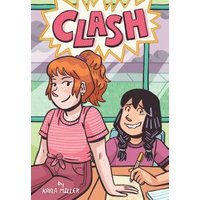 "Clash graphic novel cover with two girls, one with red hair in pink, another with dark hair writing at a desk"
