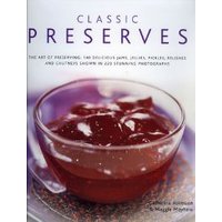 "Classic Preserves book with a glass bowl of red jam on the cover, featuring text about preserving techniques."