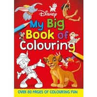 Red Disney coloring book featuring Dumbo, Simba, Pinocchio, and other characters with colorful pencils and text.