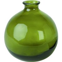 Green round recycled glass bud vase with narrow neck and glossy finish.