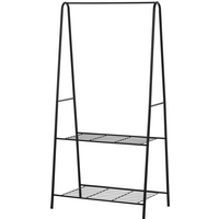 A-shaped steel-black clothes rack with two wire shelves and minimalist design.