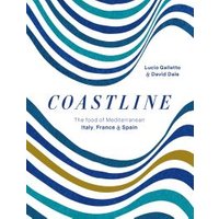 "Coastline cookbook with blue, teal, and gold wave patterns on white cover, authors Lucio Galletto and David Dale"