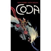 "Graphic novel 'Coda' cover with a warrior on a creature, red cape, and dynamic motion against a dark background"