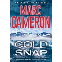"Cold Snap book cover with icy ocean waves and snow-capped mountains, bold red author name at top."